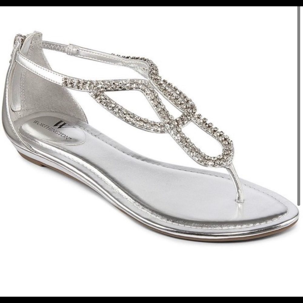 Worthington Reah Rhinestone Ankle Sandals 8 Silver Glam Thong Flats